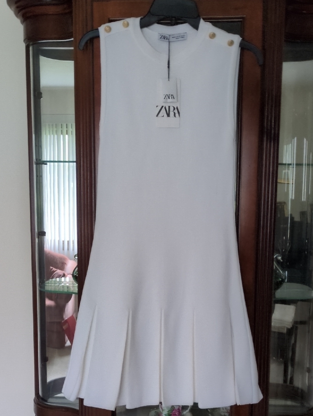 Zara White Sleeveless Pleated Hem Dress with Gold Button Detail